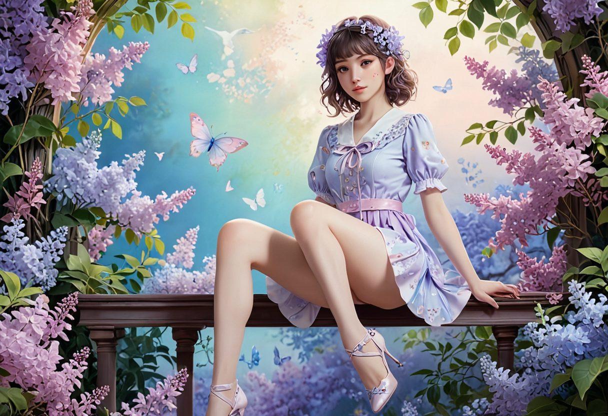 An artistic representation of a female character with elegantly depicted legs, surrounded by whimsical, anime-inspired patterns that emphasize allure and fascination. The background should be a blend of soft hues that create an inviting atmosphere while subtle elements hint at the anime genre—such as stylized eyes and playful motifs. The image should capture the essence of leg fetishism in a respectful and abstract manner. vibrant colors. anime-style. soft focus.
